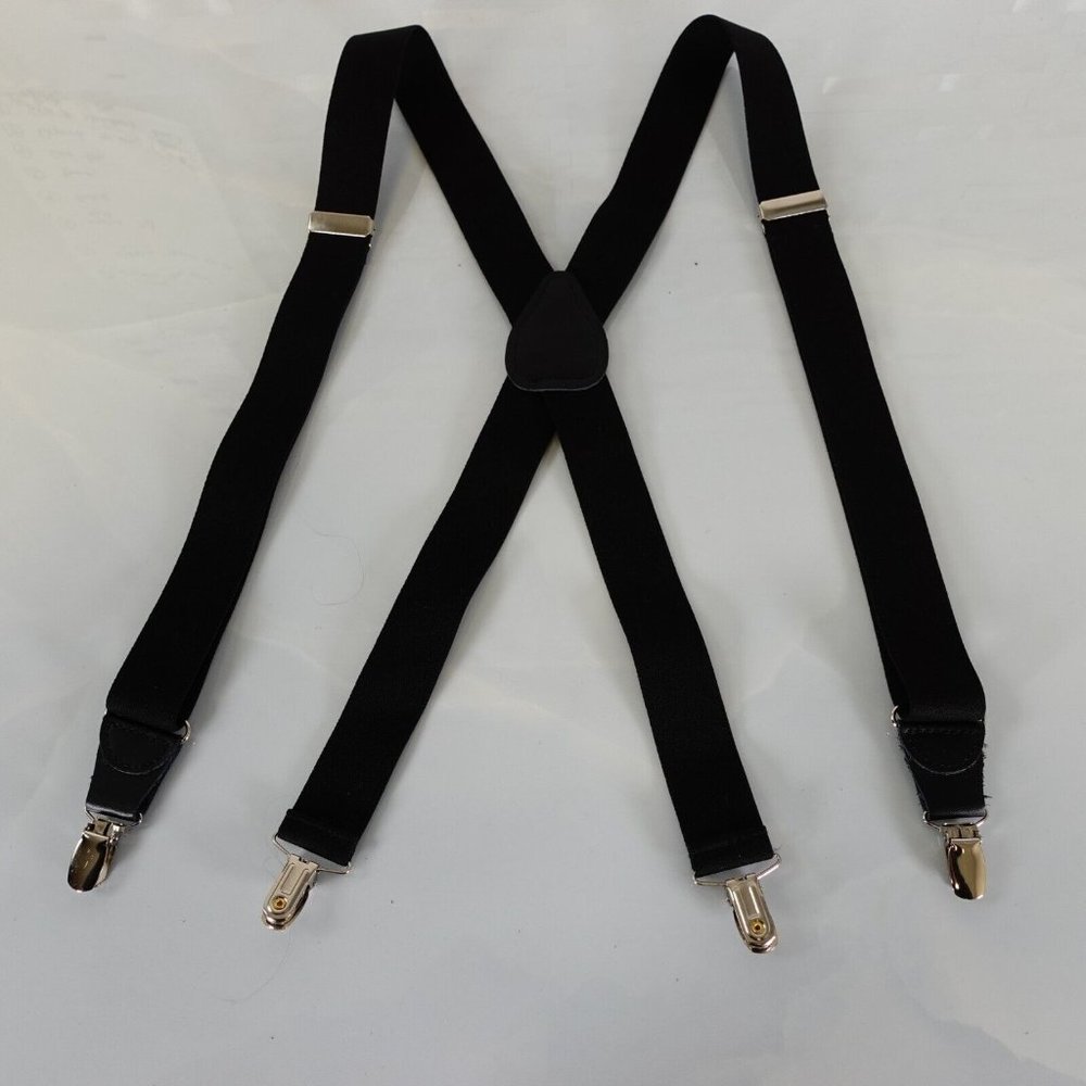 Mens Black Leather Clip On Suspenders Adjustable X-Back Elastic Strap S012-GR
